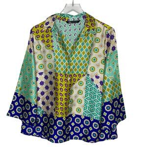 Zara Patchwork Printed Shirt Blouse M Wide Sleeve Multi Geo Print Green Blue